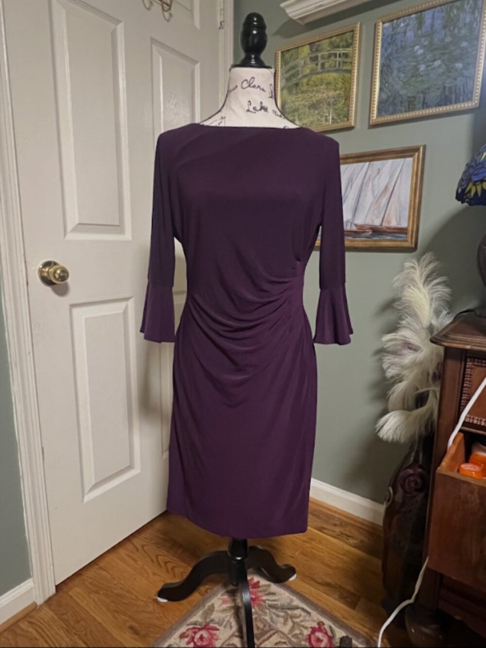 Anne Klein SZ 8 Eggplant Purple Midi Work Dress Bell Sleeve Office Siren